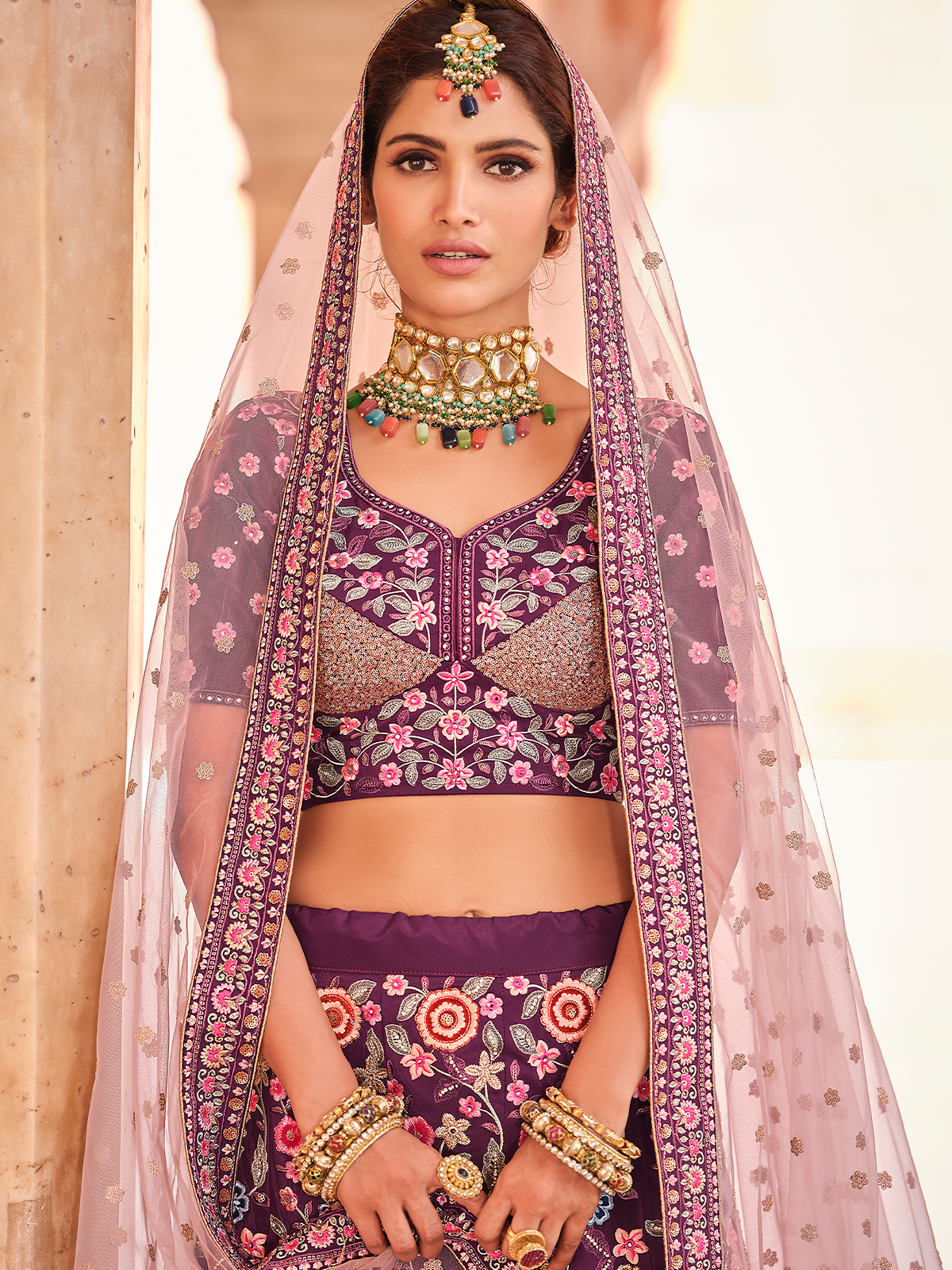 Purple Crepe Semi Stitched Lehenga With Unstitched Blouse