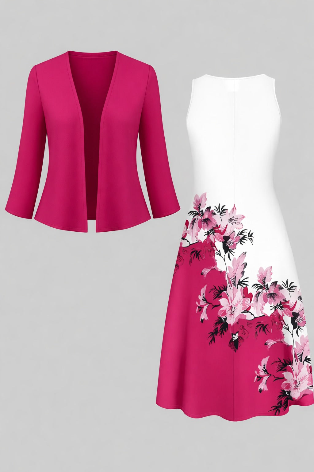 Elegant Floral Suspender Dress Set with Chic Long-Sleeve Blazer
