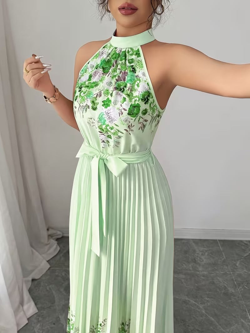 Elegant Floral Halter Neck Pleated Dress – Stylish & Comfortable Summer Outfit for Women
