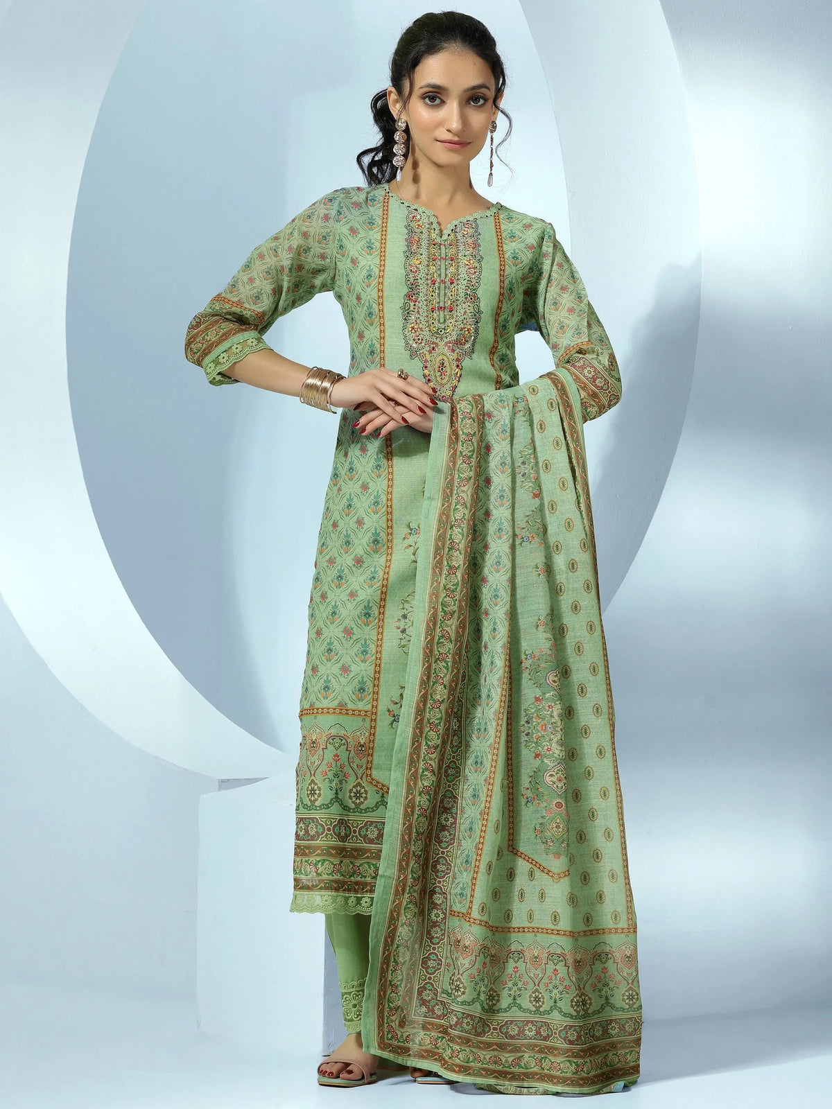 Anouk Green Printed Cotton Blend Straight Suit With Dupatta