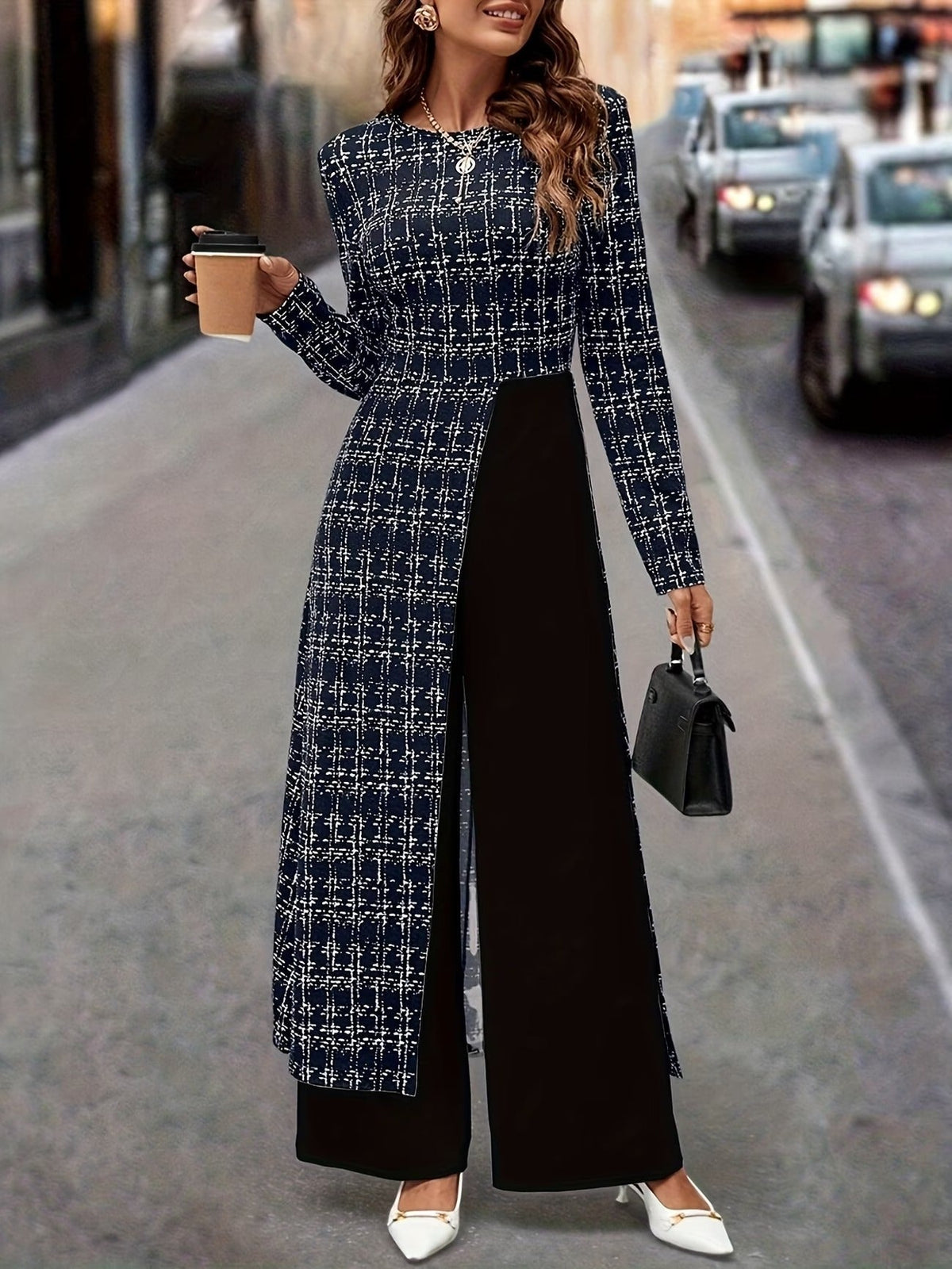 Chic Plaid Commuter Jumpsuit – Asymmetrical Design with Relaxed Straight-Leg Fit