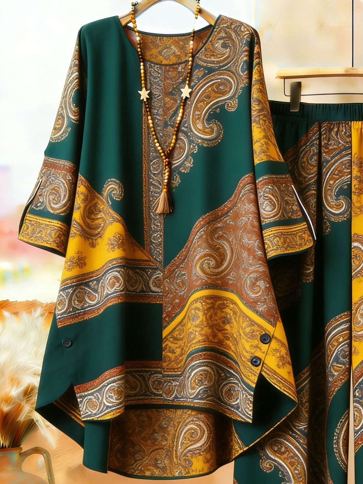 Featuring Persian Floral Print Design, Crew Neck, Dipped Hem, Suitable for Everyday Casual Wear, Comfortable and Stylish