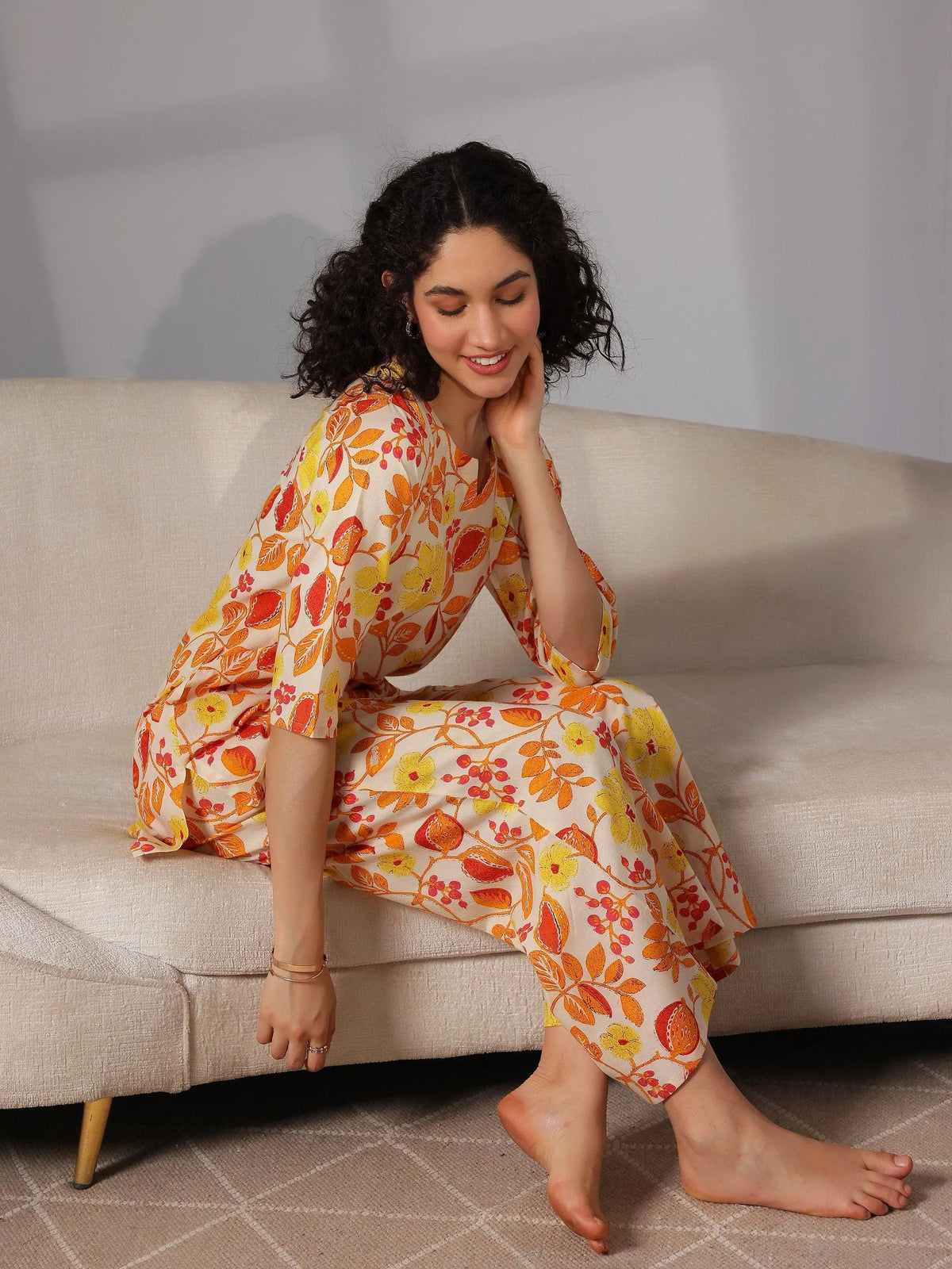 Anouk Yellow Printed Cotton Night Suits