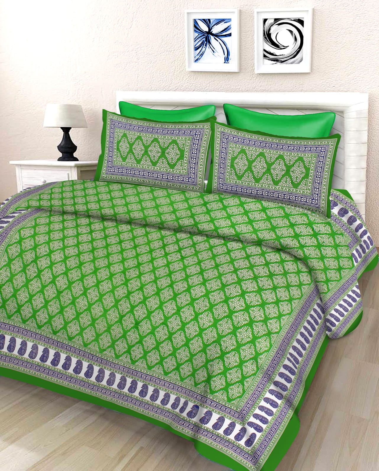 Jaipuri Double Bedsheet Set with Two Pillow Covers - 90x100 Size