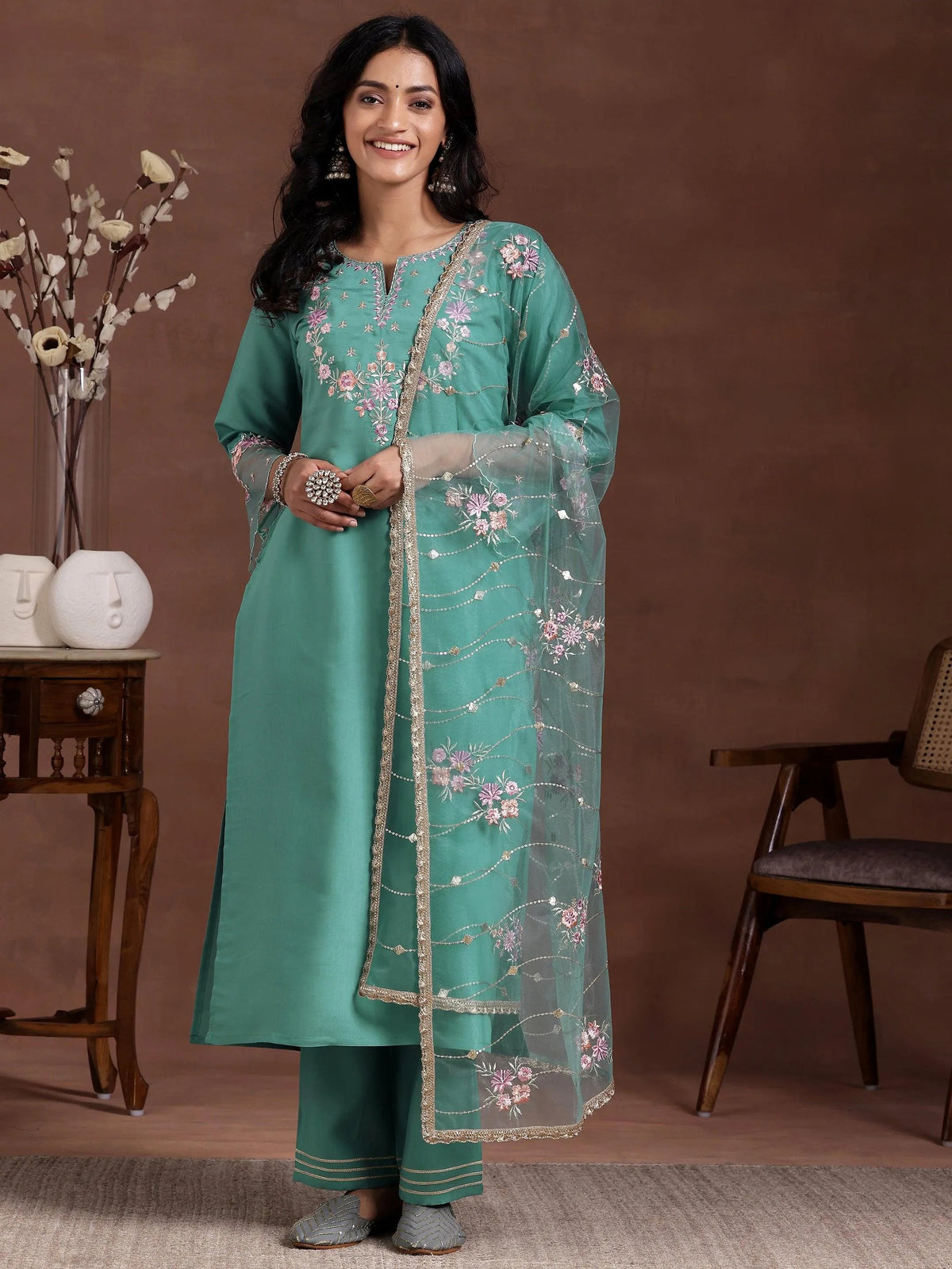 Anouk Green Yoke Design Silk Blend Straight Suit With Dupatta