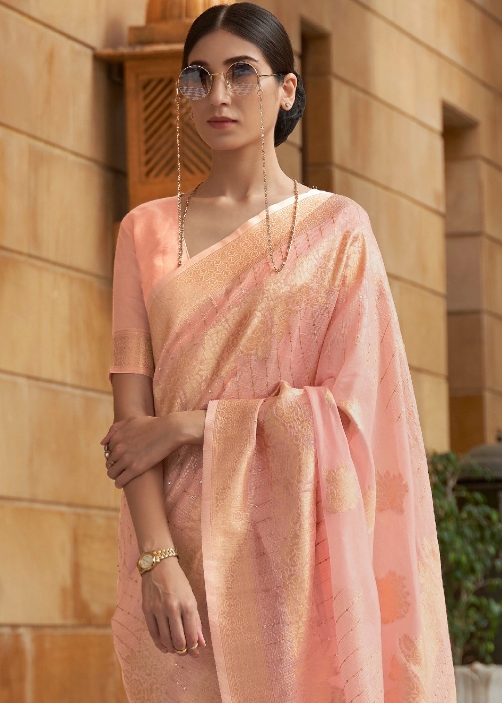 Flamingo Pink Zari Woven Silk Saree with Sequins work