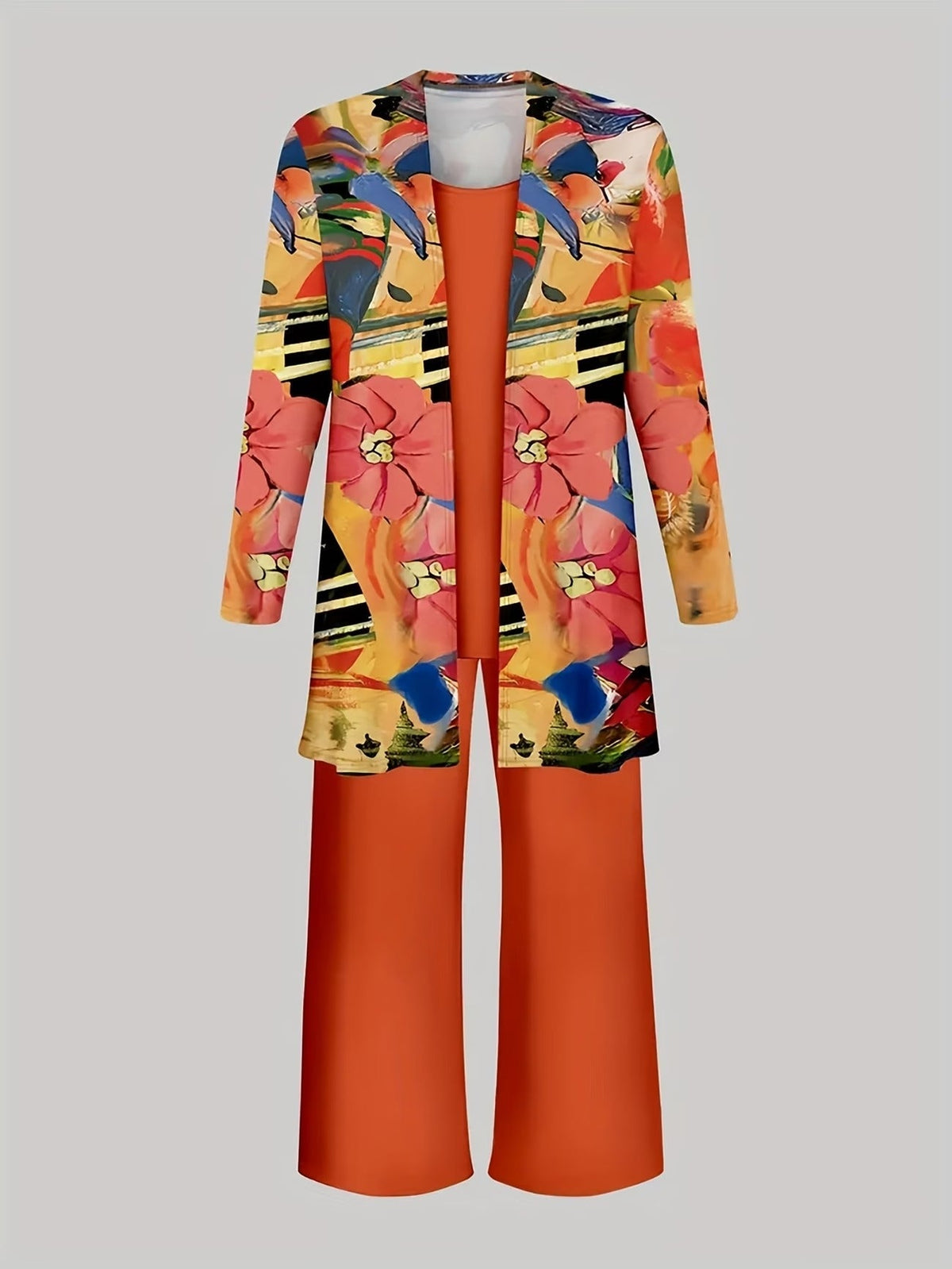 Women’s Stylish 3-Piece Set – Solid Cardigan, Casual Vest & Printed Palazzo Pants