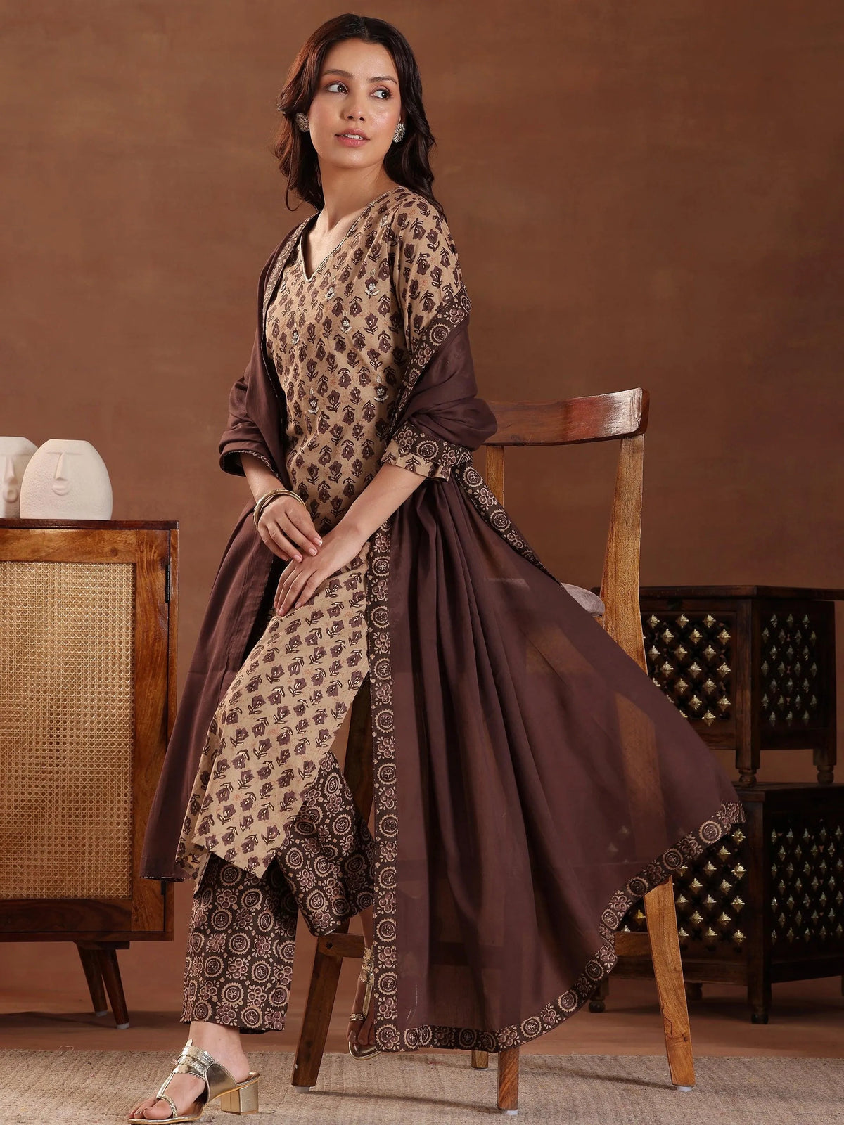 Anouk Brown Printed Cotton Straight Suit With Dupatta