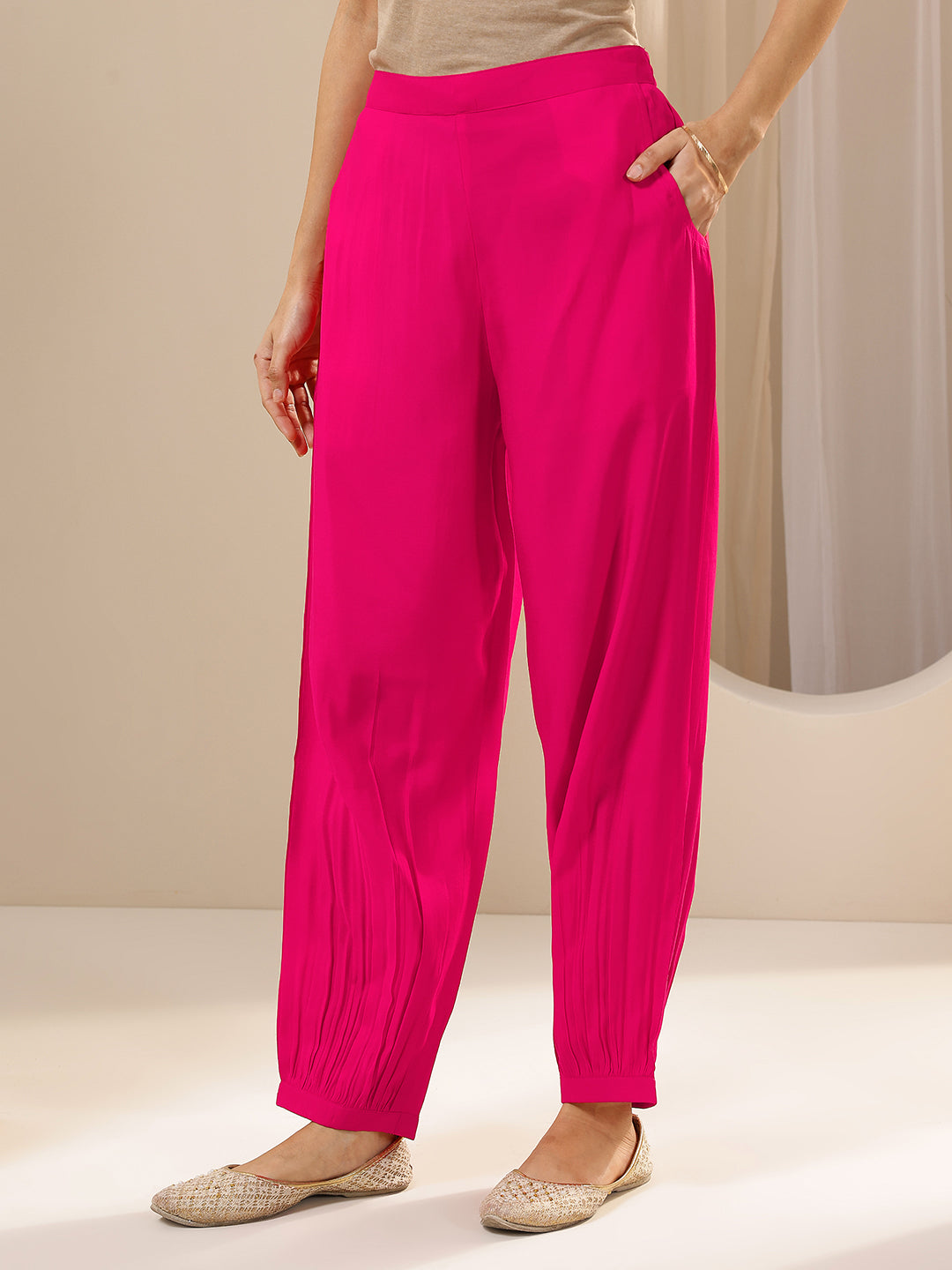 Anouk Pink Solid Silk Blend Straight Suit Sets With Dupatta