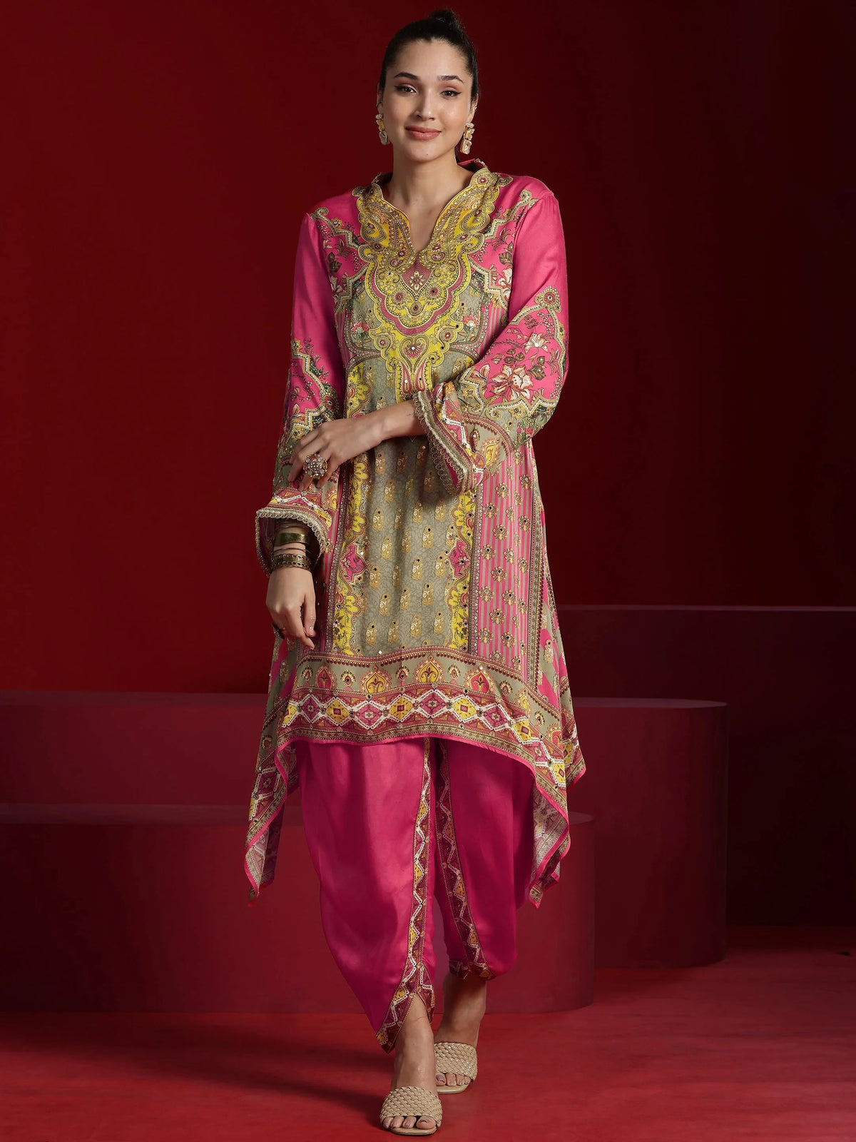 Anouk Art Coral Printed Silk Blend Straight Kurta Dhoti Pants