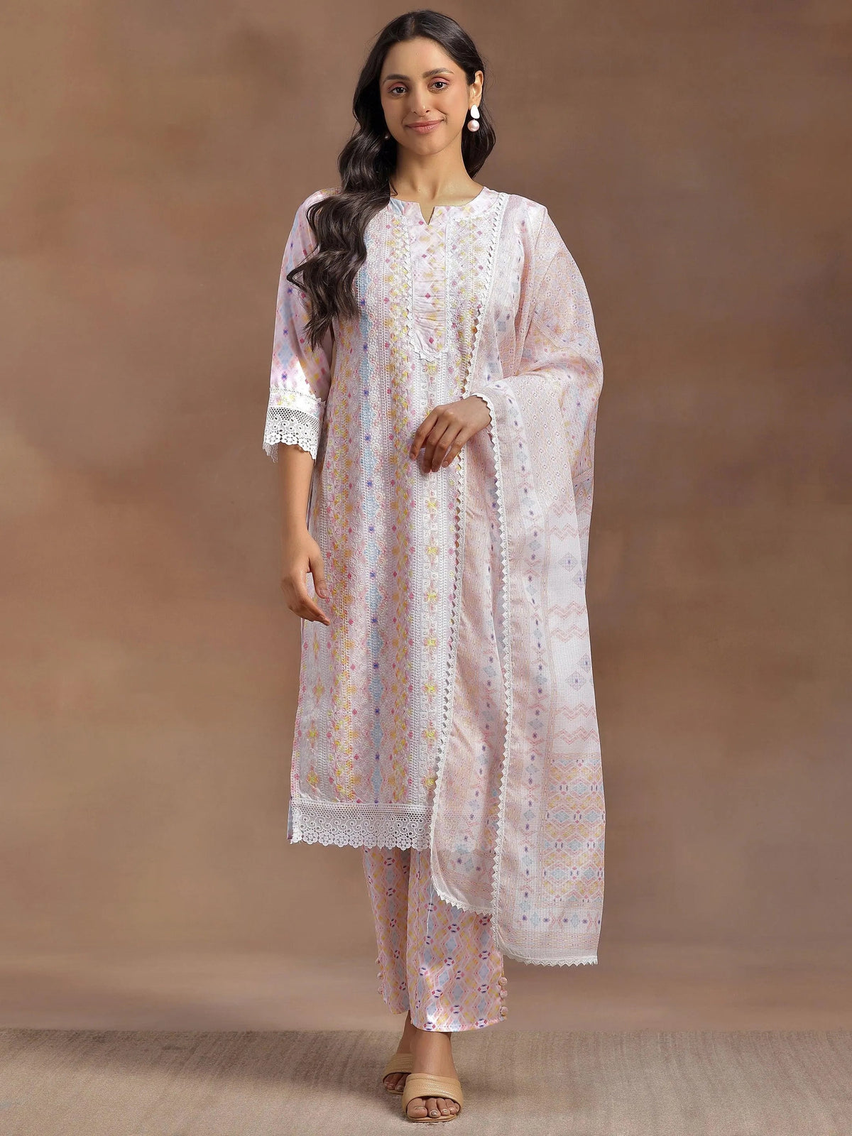Anouk Peach Embroidered Cotton Blend Straight Suit With Dupatta