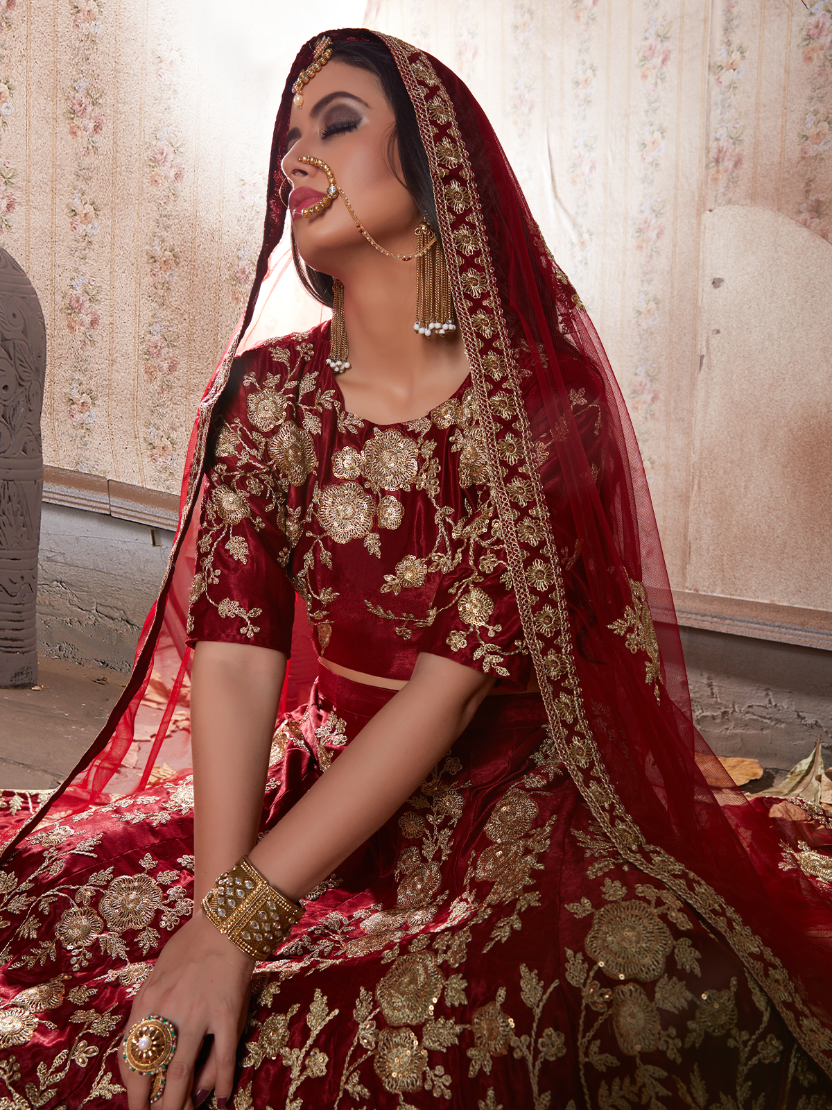 Maroon Embroidered Semi Stitched Lehenga With Unstitched Blouse