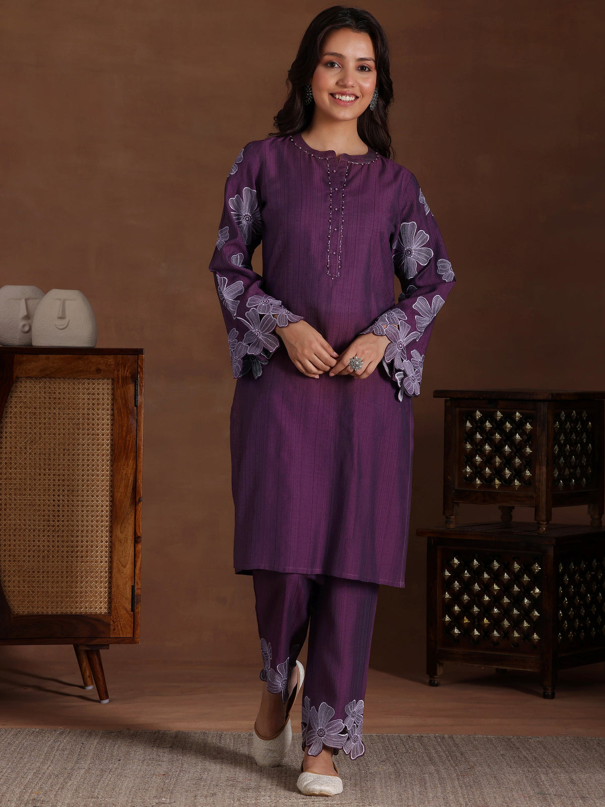 Anouk Wine Embroidered Silk Blend Co-Ords
