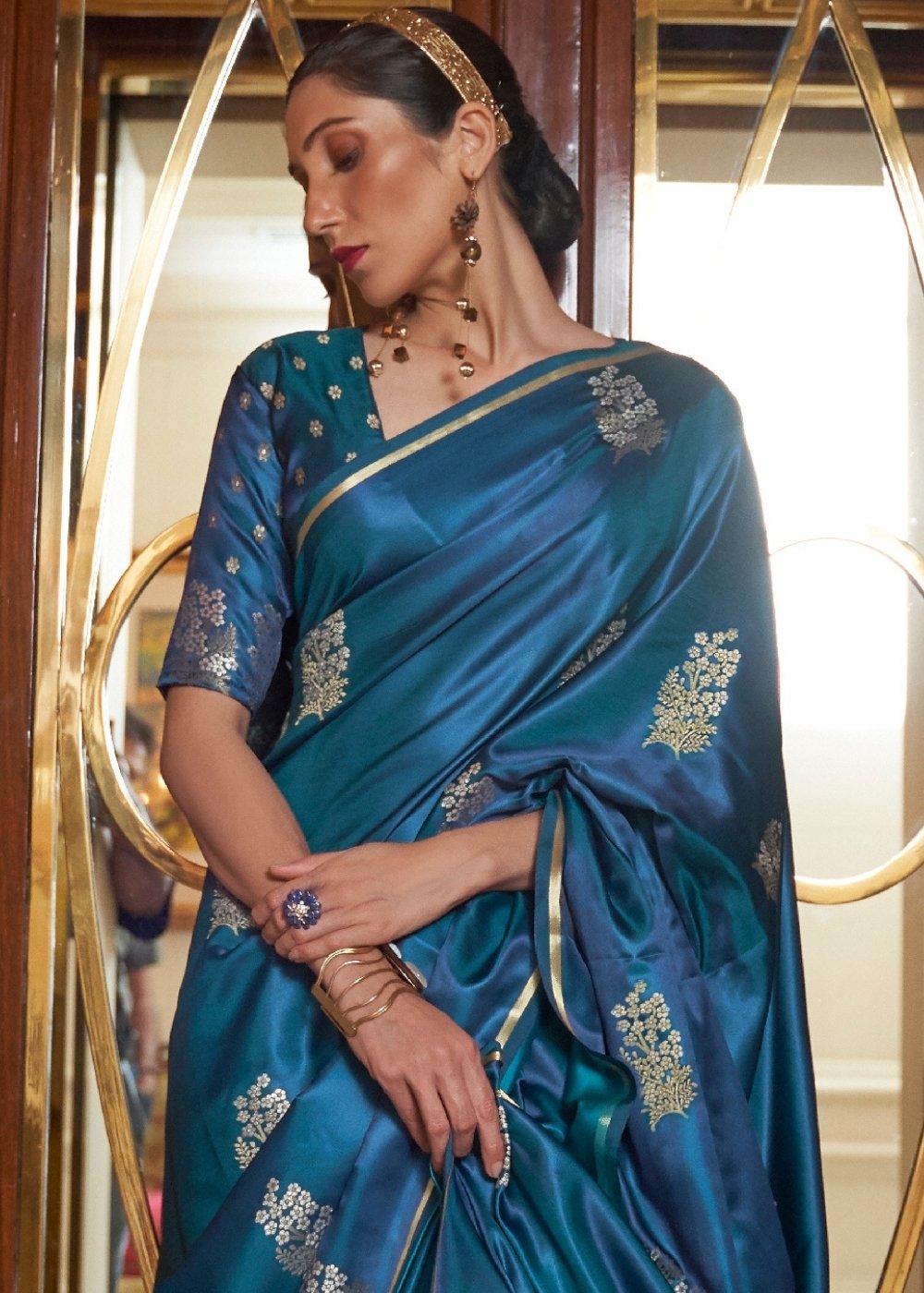 Regal Blue Designer Satin Silk Saree