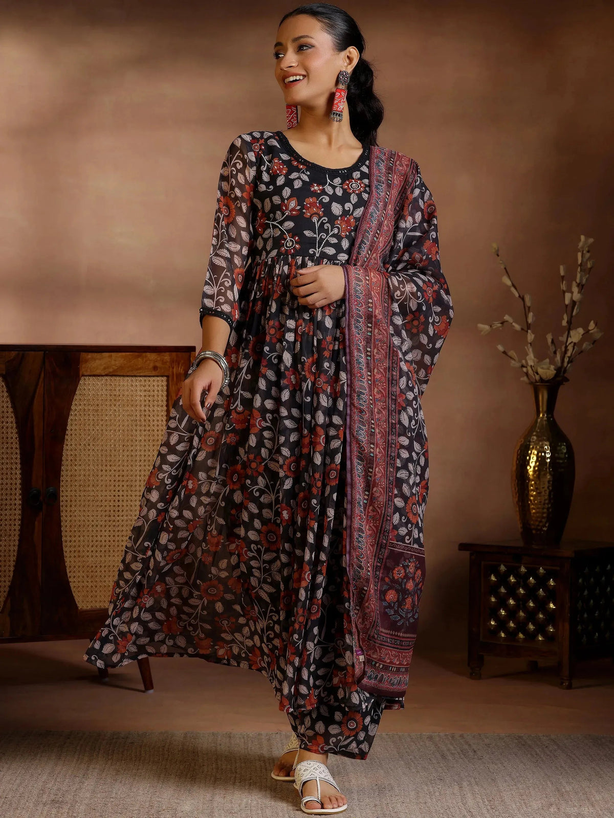 Anouk Black Printed Poly Chiffon A-Line Kurta With Palazzos & Dupatta