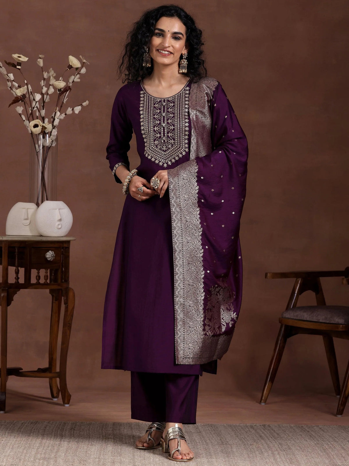 Anouk Wine Yoke Design Silk Blend Straight Suit With Dupatta