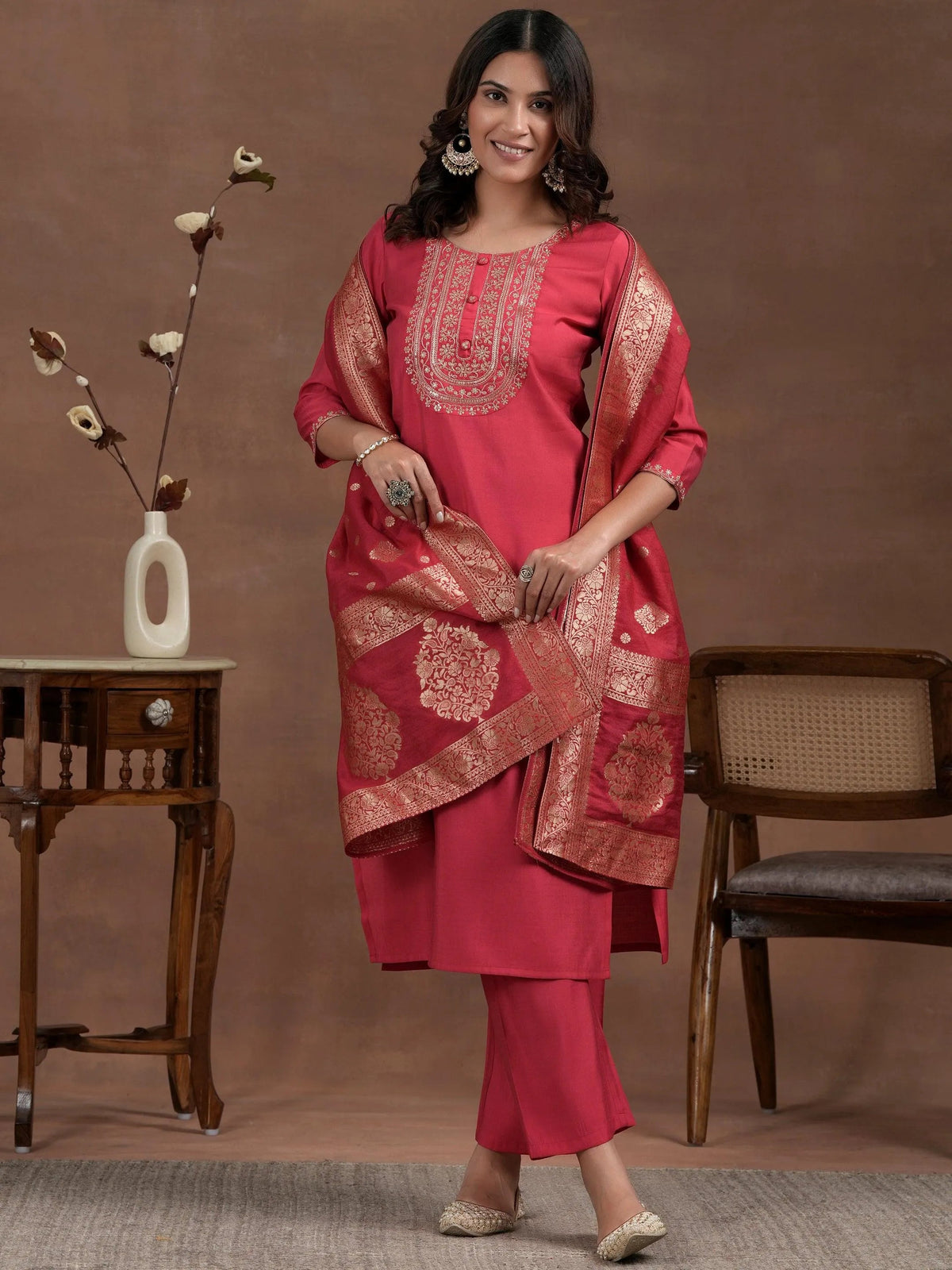 Anouk Pink Yoke Design Silk Blend Straight Suit With Dupatta