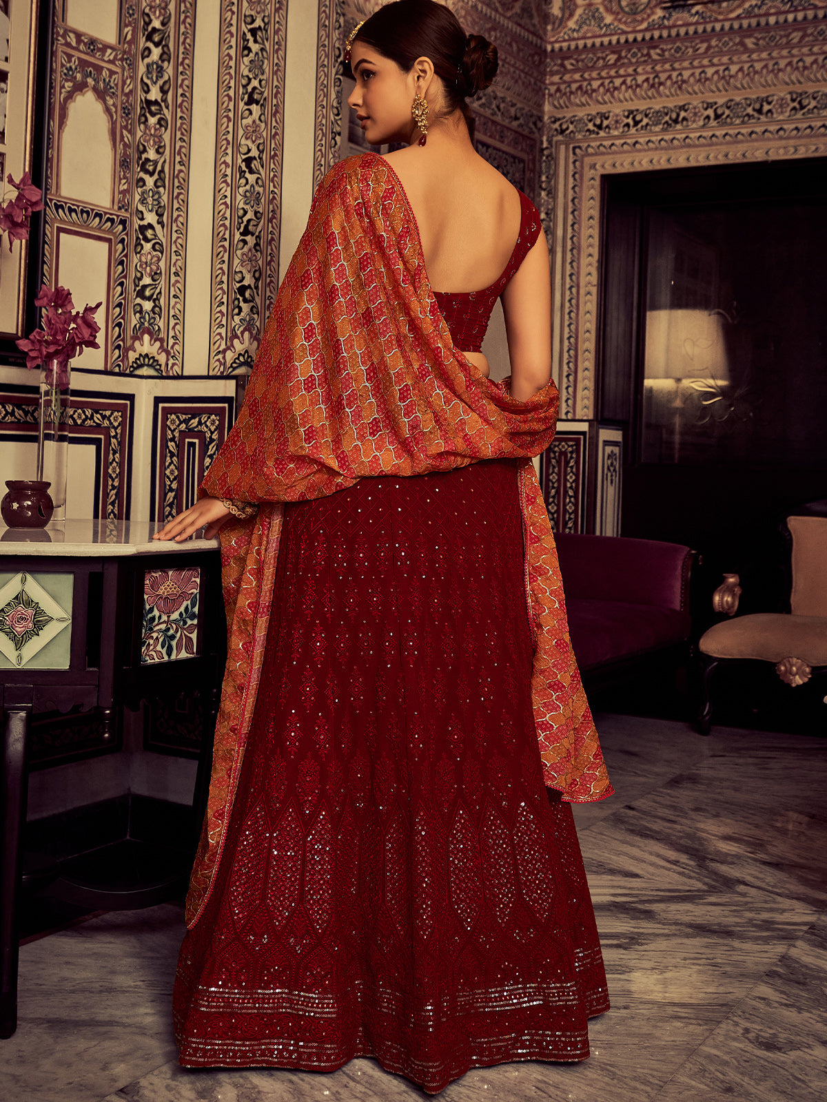 Stylish Maroon Embroidered Georgette Semi Stitched Lehenga With Blouse Piece