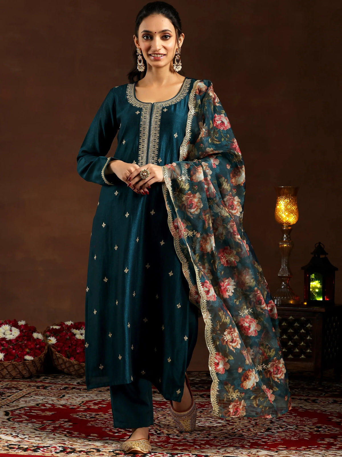 Anouk Teal Embroidered Silk Blend Straight Suit With Dupatta