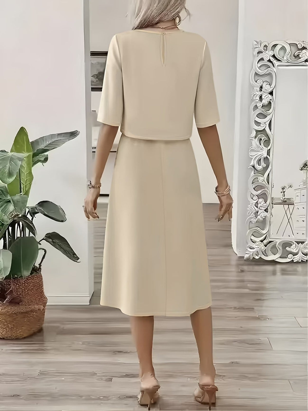 Elegant Summer Two-Piece Set – Round Neck Faux Button T-Shirt & Artistic Midi Skirt Outfit for Women