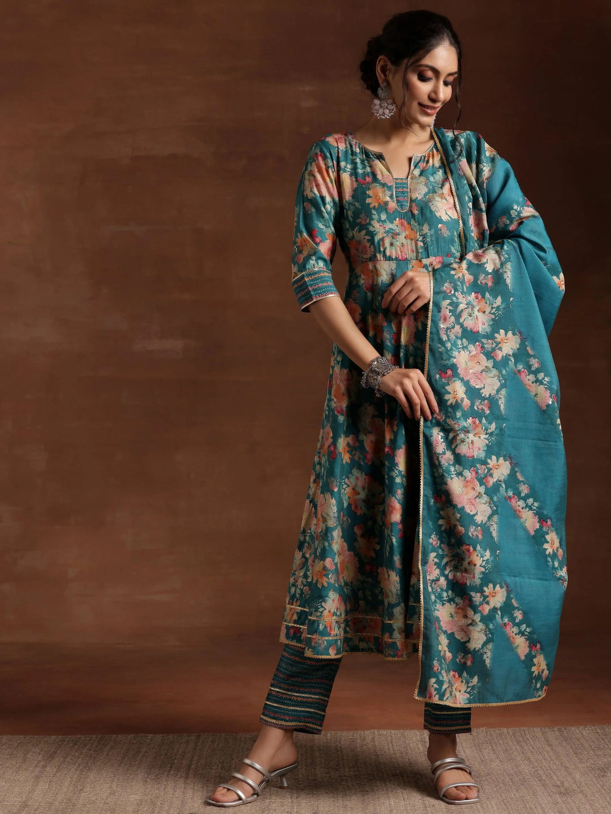 Anouk Blue Printed Silk Blend Anarkali Suit With Dupatta