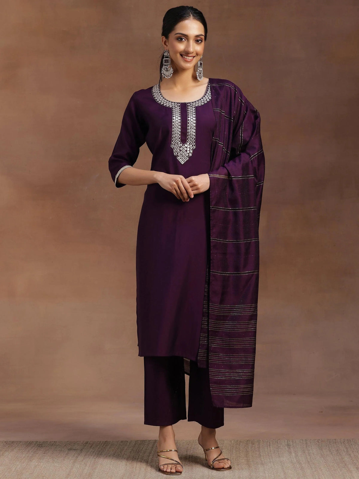 Anouk Purple Embroidered Silk Blend Straight Suit With Dupatta