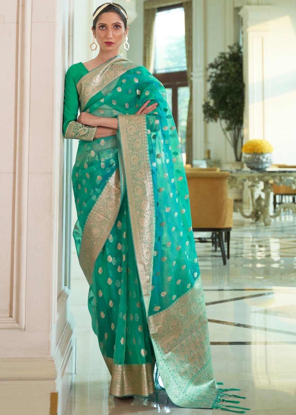 Jungle Green Zari Woven Organza Silk Saree
