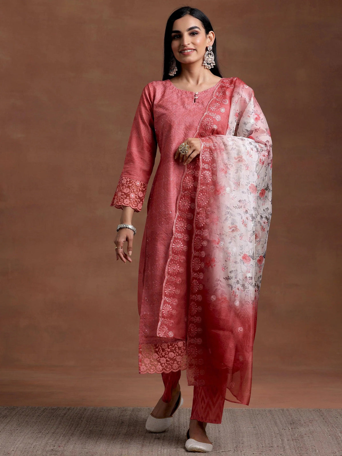 Anouk Peach Embroidered Silk Blend Straight Suit With Dupatta