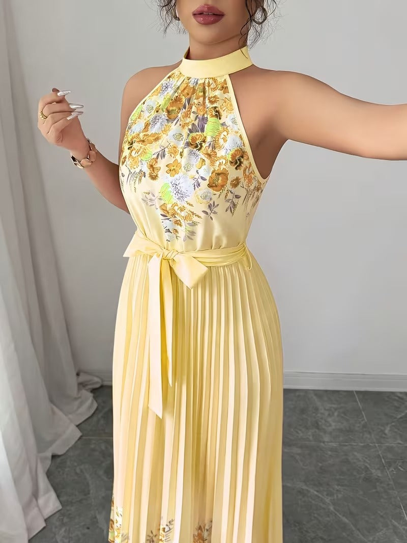 Elegant Floral Halter Neck Pleated Dress – Stylish & Comfortable Summer Outfit for Women