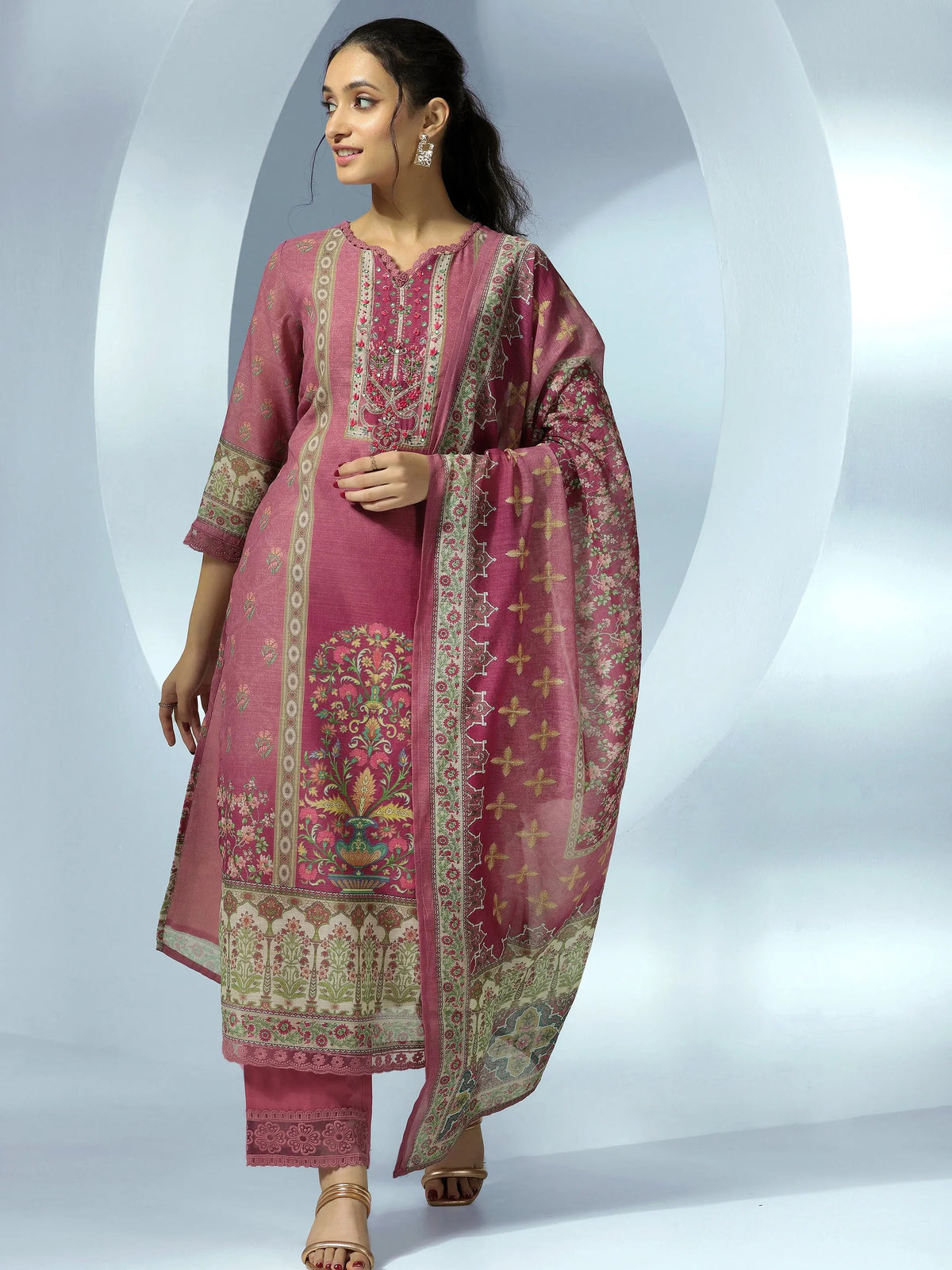 Anouk Mauve Printed Cotton Blend Straight Suit With Dupatta