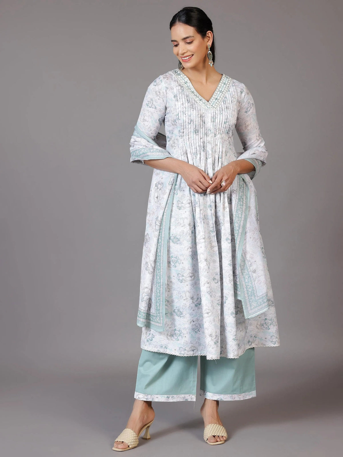 Anouk Off White Printed Cotton Blend A-Line Kurta With Palazzos & Dupatta
