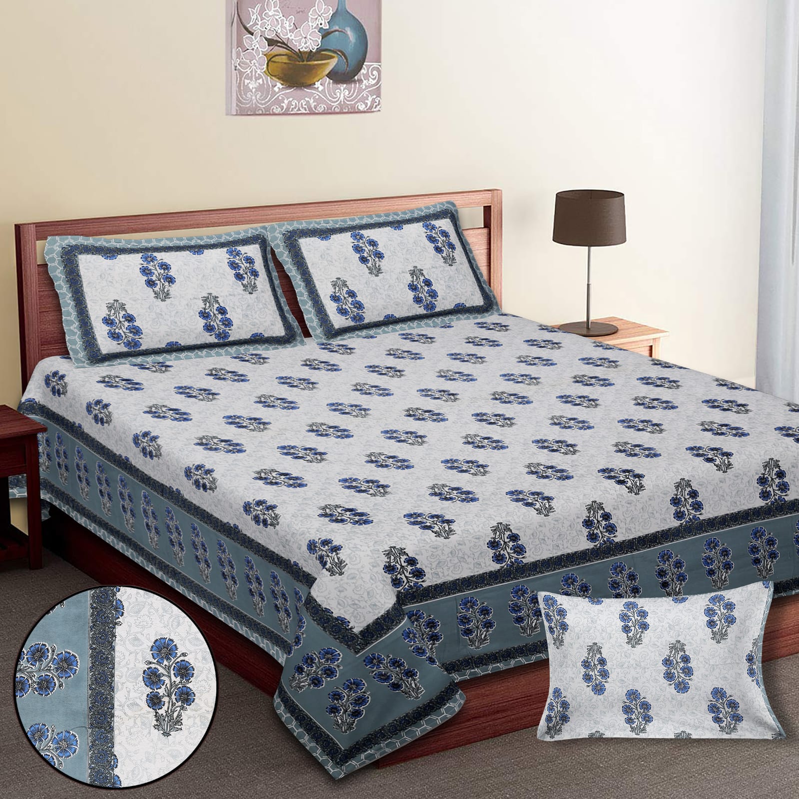 King-Size Cotton Bedsheet Set with Pillow Covers