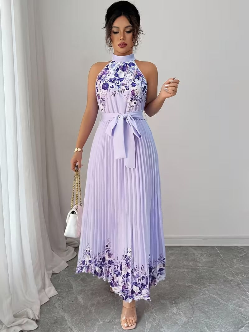 Elegant Floral Halter Neck Pleated Dress – Stylish & Comfortable Summer Outfit for Women