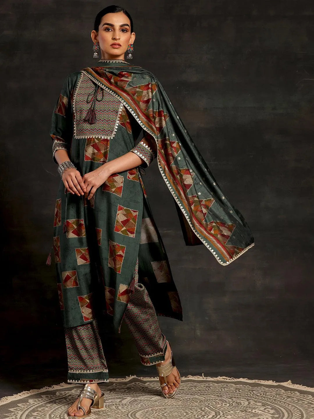 Anouk Green Printed Silk Blend Straight Suit With Dupatta
