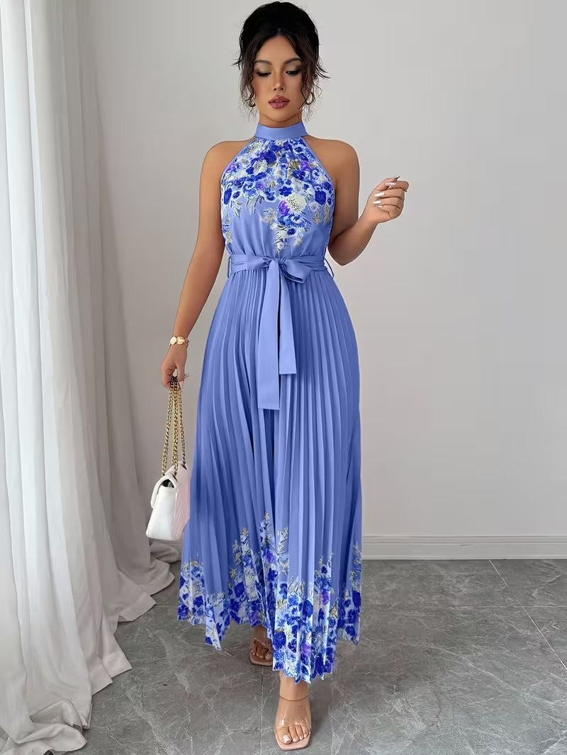 Elegant Floral Halter Neck Pleated Dress – Stylish & Comfortable Summer Outfit for Women