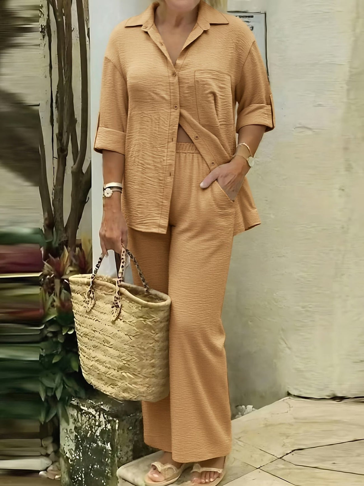 Plus Size Women’s Autumn & Winter Casual Co-Ord Set – Lapel Button Shirt with Comfortable Wide-Leg Pants