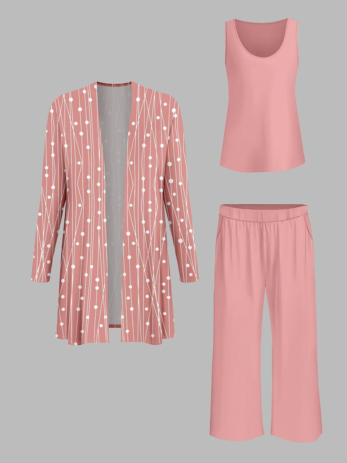 Elegant Polka Dot Cardigan Coat with Solid Suspender Top & Casual Trousers – Stylish 3-Piece Women’s Set