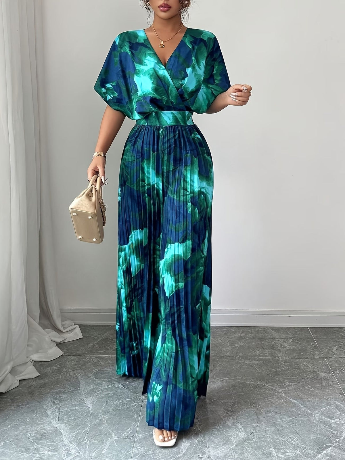 Elegant Women’s Batwing Sleeve Jumpsuit – V-Neck Abstract Print Wide-Leg Summer Outfit