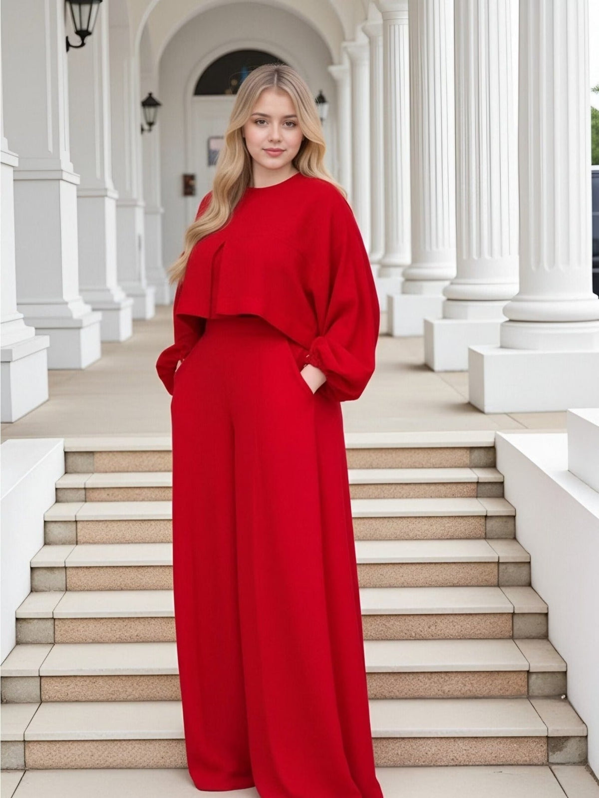Plus Size Elegant Lantern Sleeve Top & Wide-Leg Pants Set – Chic Two-Piece Suit for Women