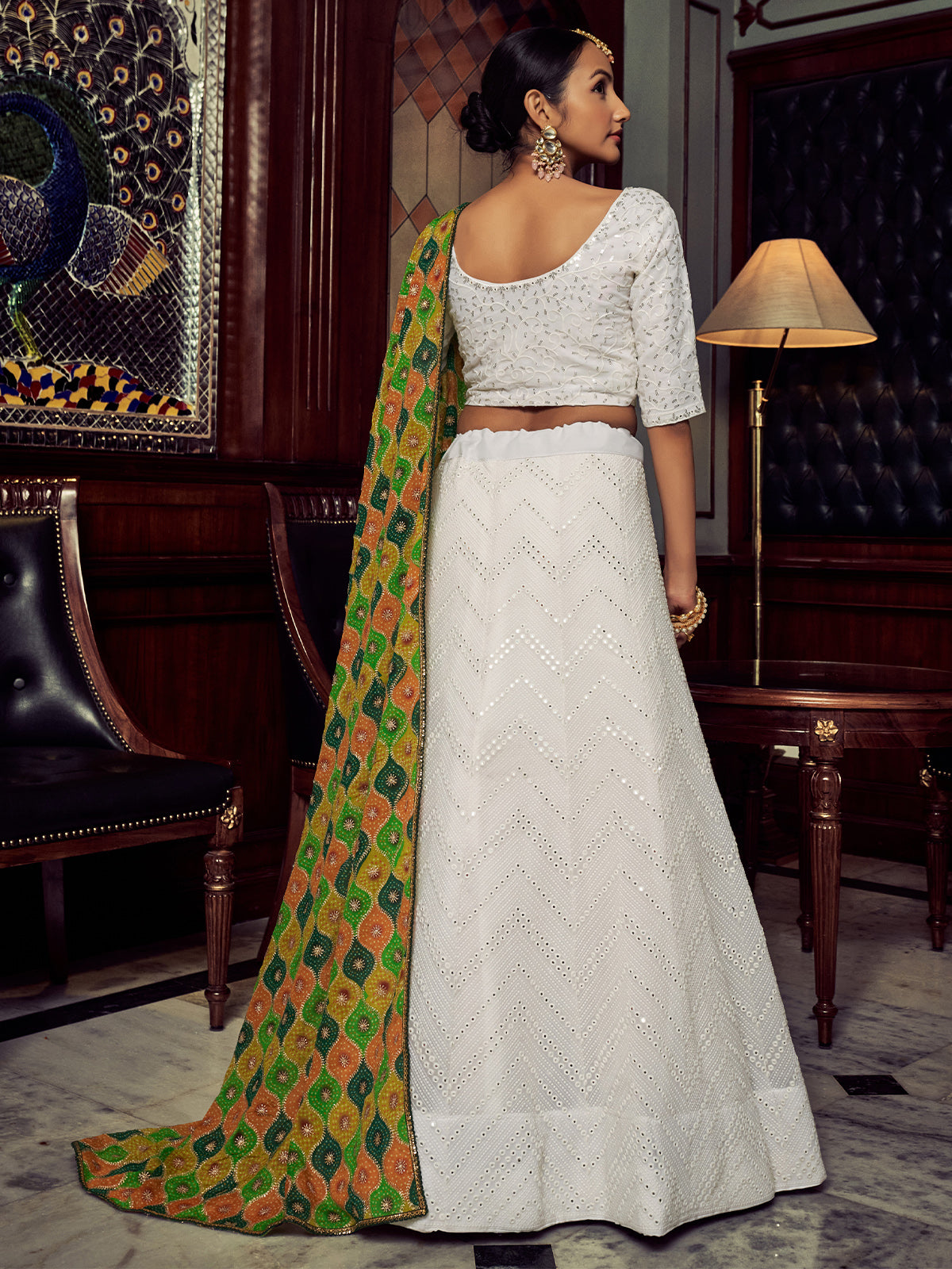 White Embroidered Georgette Semi Stitched Lehenga With Blouse Piece