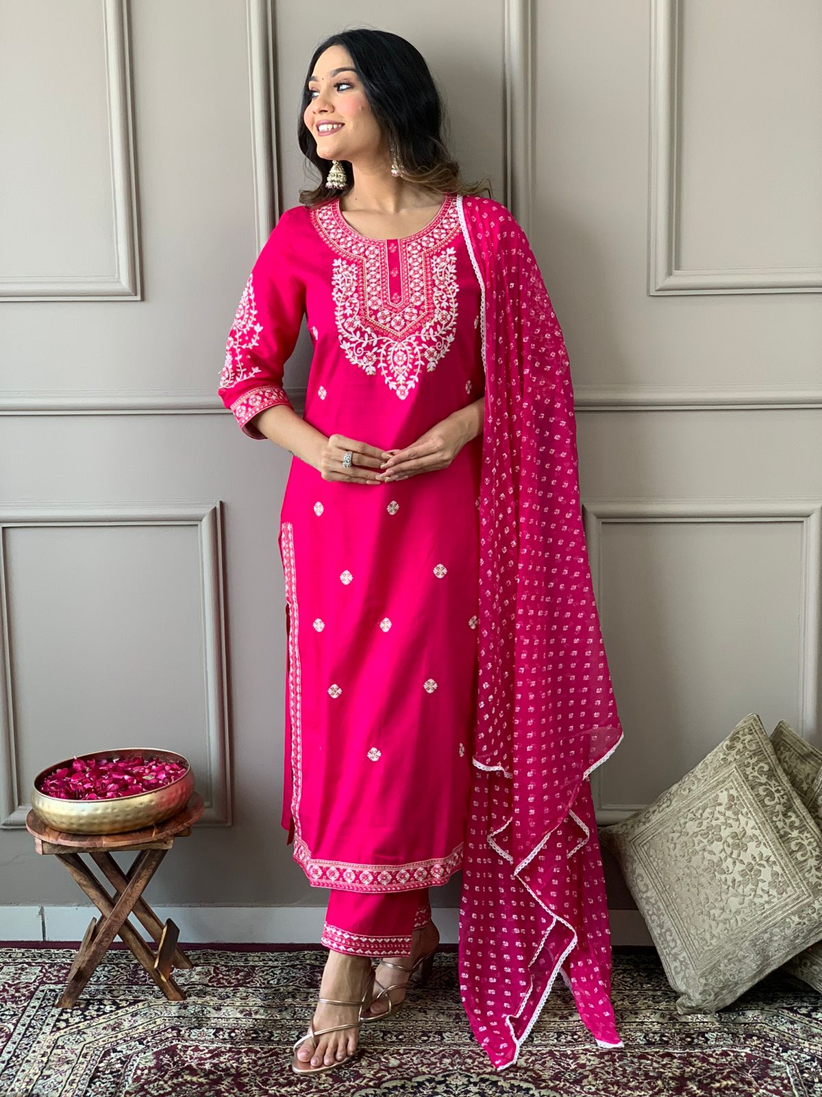 Hot Pink Rani Rayon Embroidered Kurta Set with Dupatta