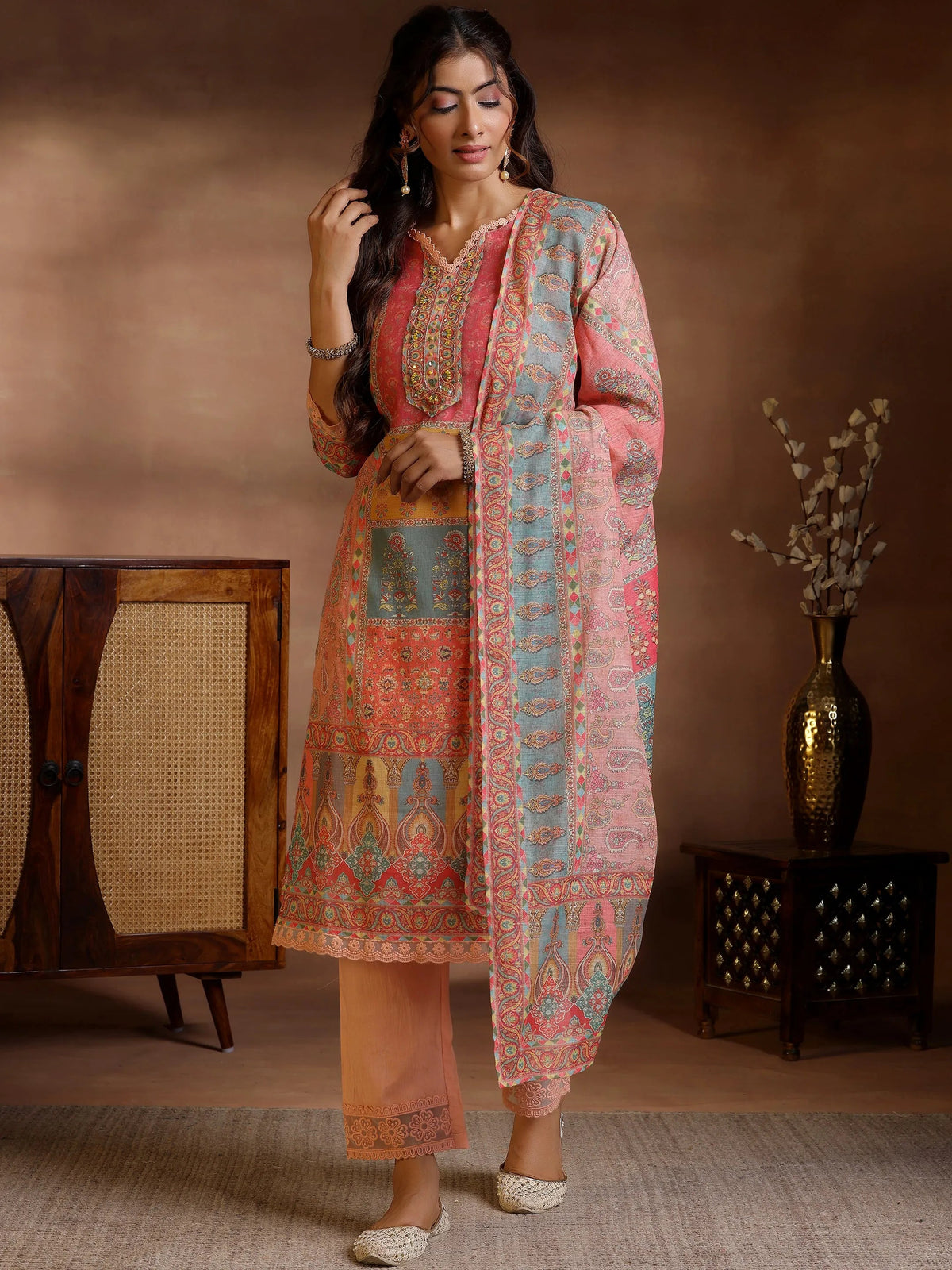 Anouk Peach Printed Cotton Blend Straight Suit With Dupatta