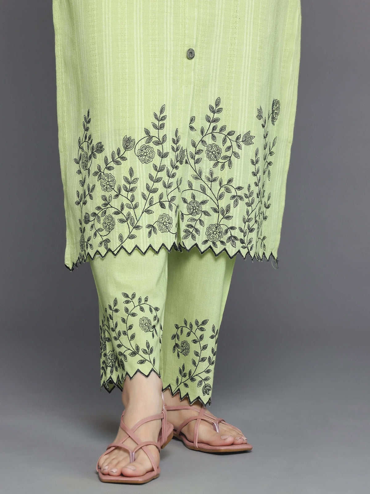 Anouk Green Woven Design Cotton Straight Suit With Dupatta