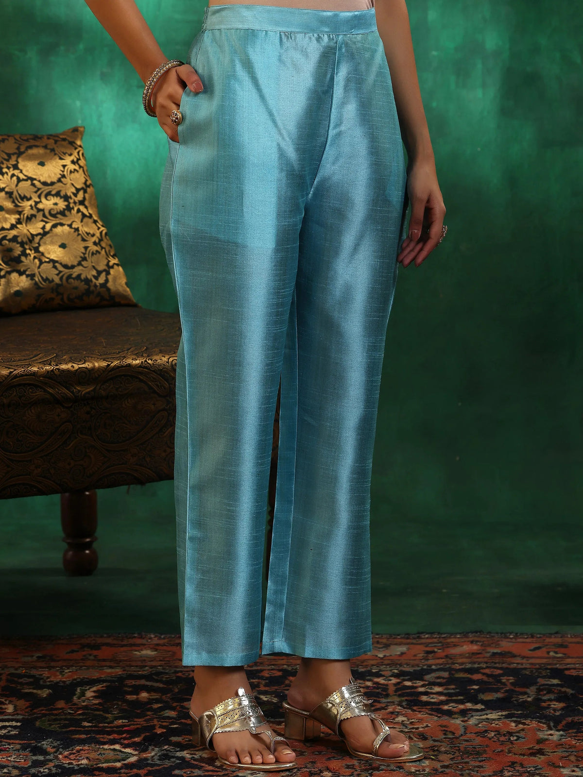 Anouk Turquoise Blue Yoke Design Silk Blend Straight Suit With Dupatta