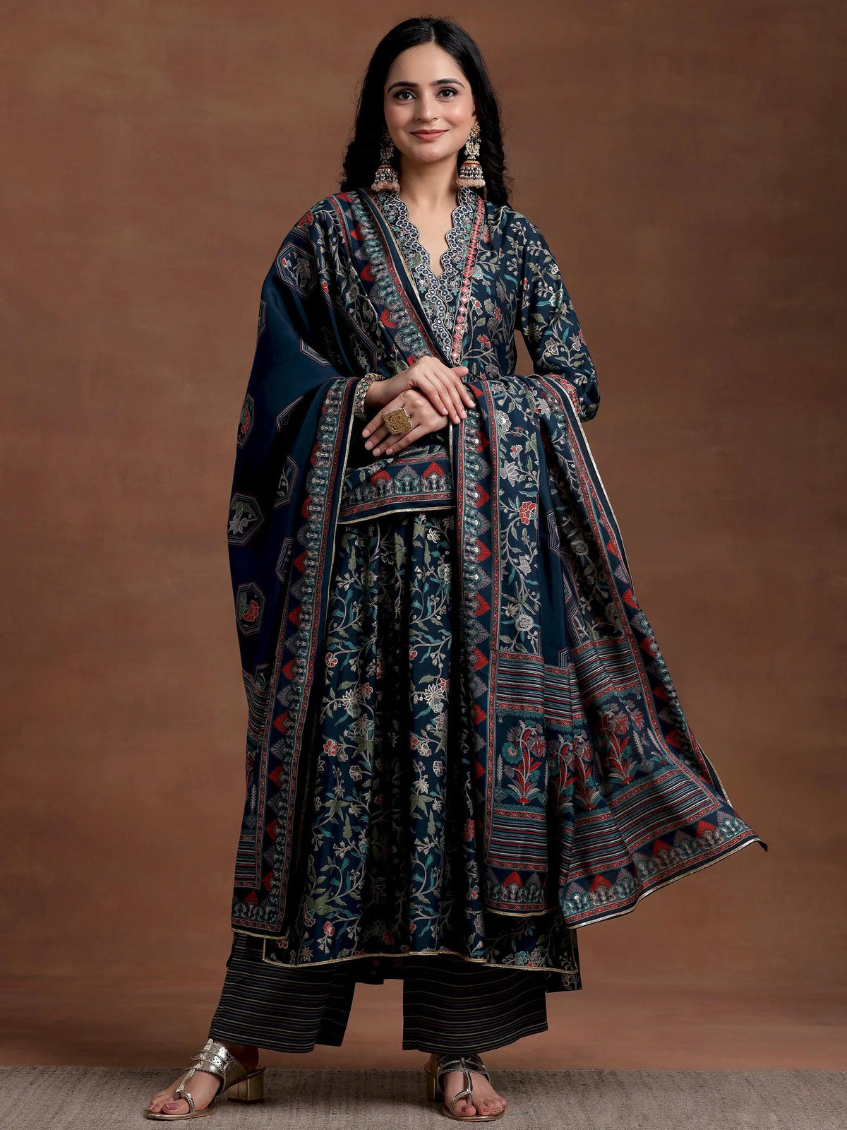 Anouk Blue Printed Silk Blend A-Line Kurta With Palazzos & Dupatta