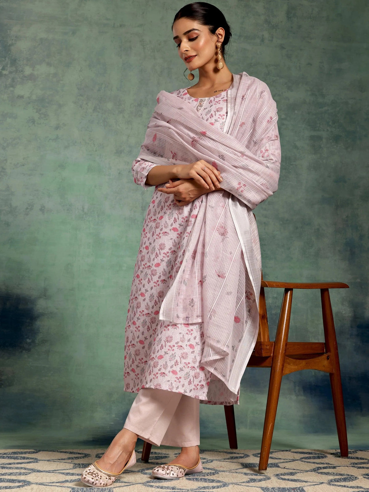 Anouk Lilac Printed Cotton Straight Suit With Dupatta