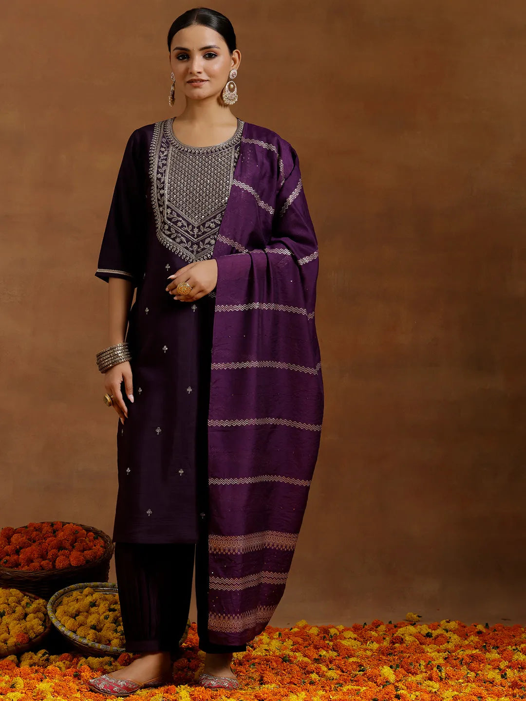 Anouk Purple Yoke Design Silk Blend Straight Suit With Dupatta
