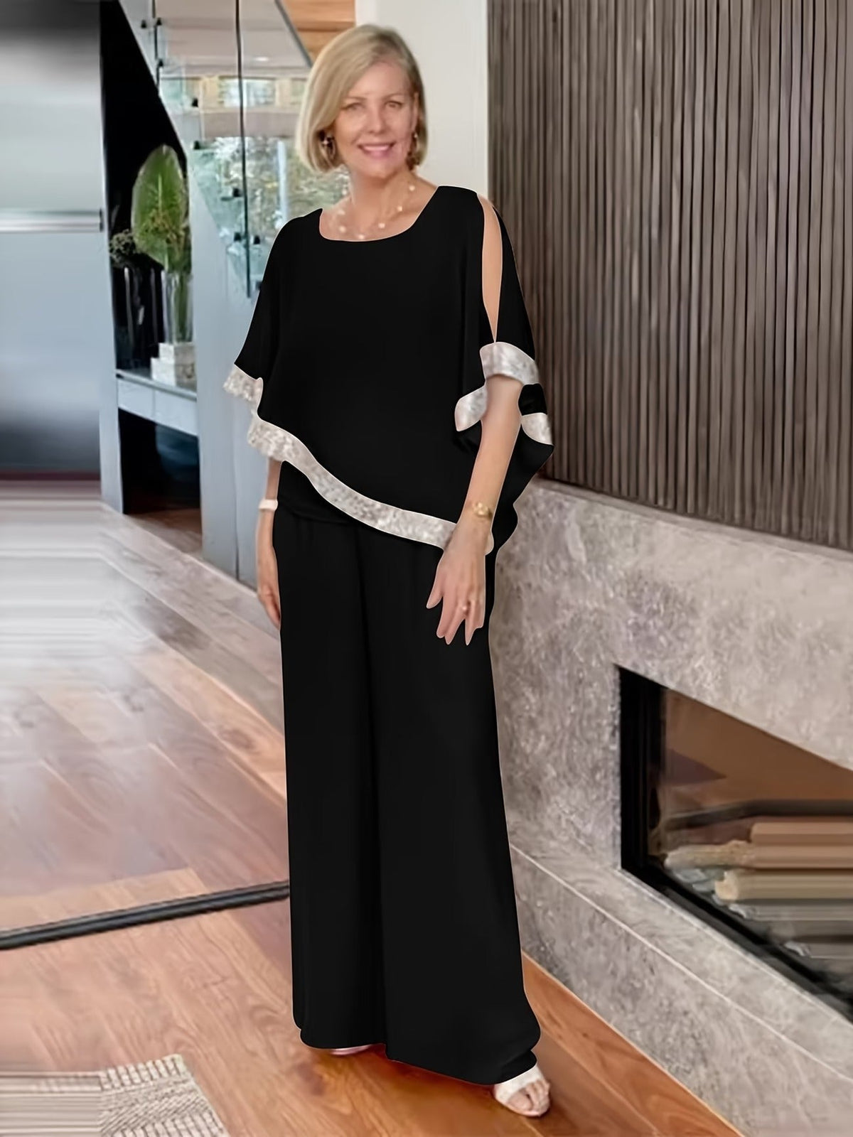 Women’s Sequin Color Block Batwing Top & Wide-Leg Pants Set – Elegant Spring Summer Party Outfit