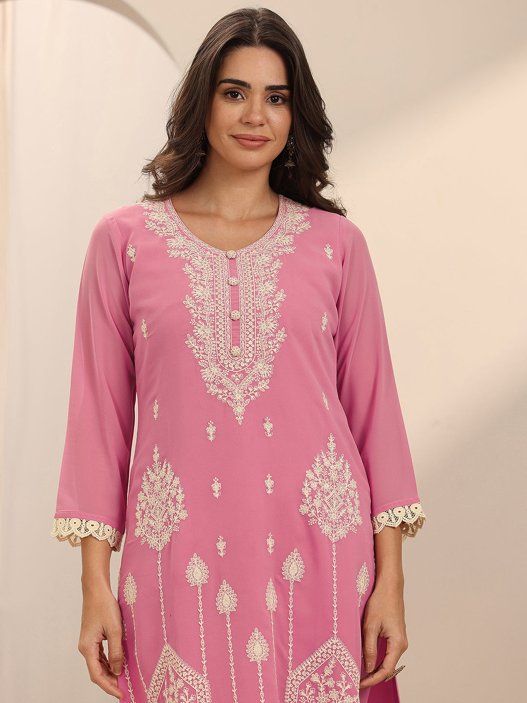 Anouk Pink Embroidered Georgette Straight Suit Set With Dupatta