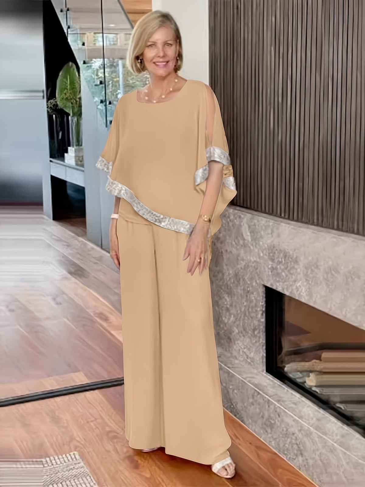 Women’s Sequin Color Block Batwing Top & Wide-Leg Pants Set – Elegant Spring Summer Party Outfit